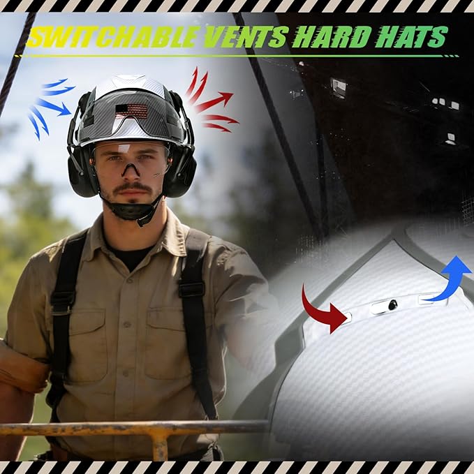 Hard Hat with Dual Visor and Hearing Protection-OSHA Approved Construction Hard Hats with Visor Sunglasses Earmuffs for Men,Vented Forestry Chainsaw Arborist Helmet with Chin Straps