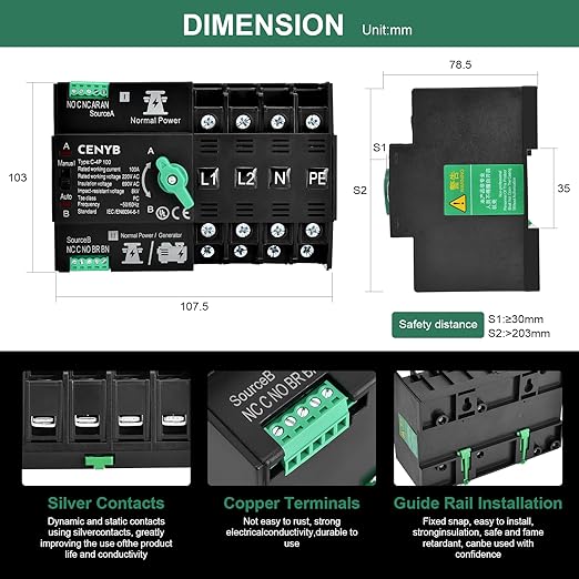 Automatic/Manual Transfer Switch for Home Generator 4P 63A AC220V Uninterrupted Power Supply DIN Rail Mount Toggle Changeover Module