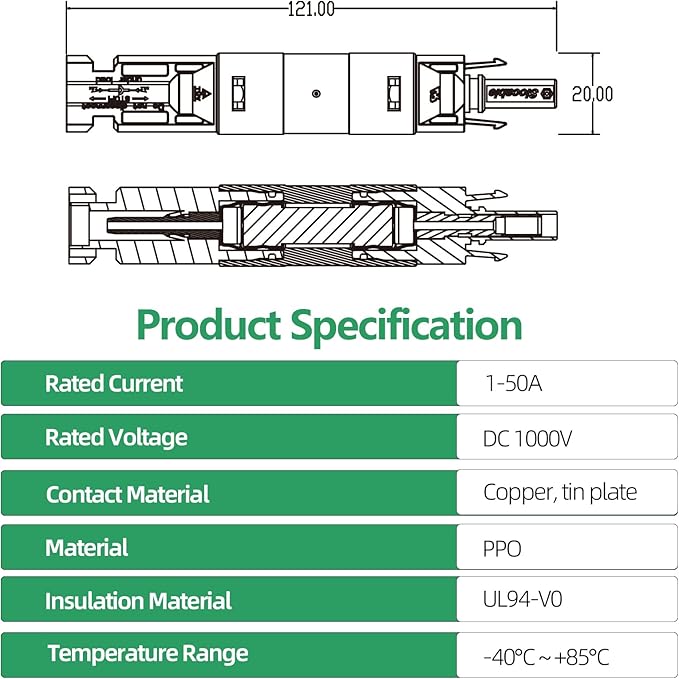 10A Solar in-line Fuse Holder, IP68 1000V for Solar Panel and Inverter in Photovoltaic System, Male and Female Connector with 1 Fuse