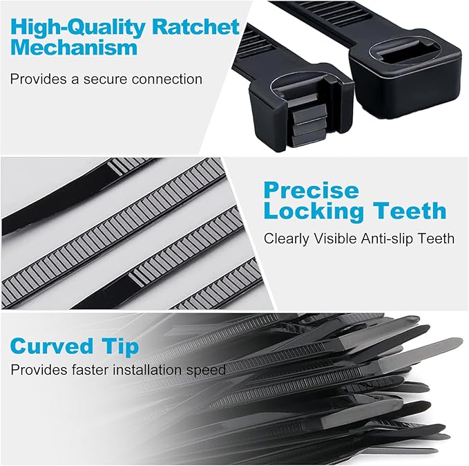 500 Pack Zip Ties 8 Inch Black, 40Lbs Tensile Strength, Premium Nylon Cable Ties, Plastic Zip Ties, For Garage Cable Management, Home, Garden Trellis Ties, Indoor And Outdoor Use