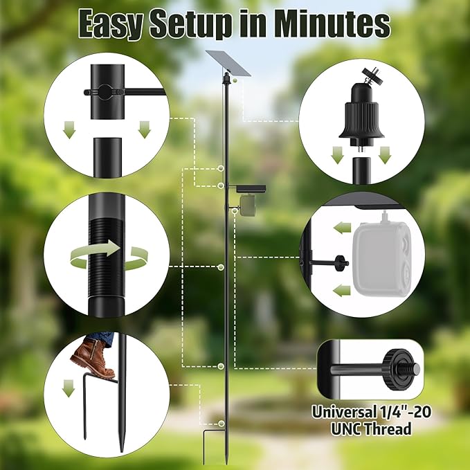 Ground Stake Mount Stand for Outdoor Cameras and Solar Panels, Adjustable Height and Angle Security Camera Pole, Universal 1/4"-20 UNC Thread, Compatible with Arlo, Wyze, Ring Stick up Cam and More