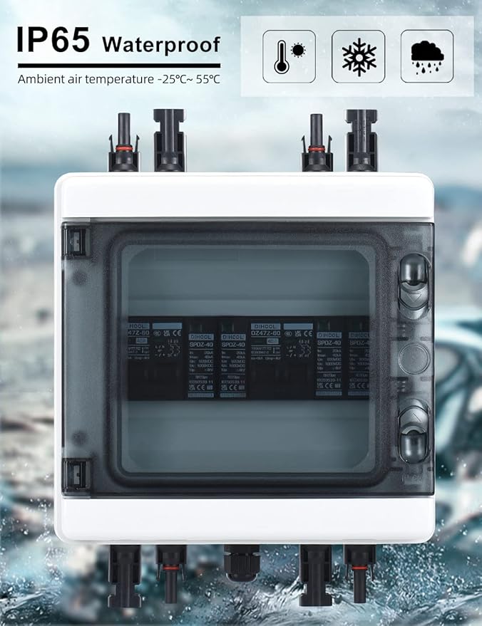 DIHOOL Solar Disconnect Switch 40Amp DC Circuit Breaker with Surge Protector PV Combiner Box for Solar Panel 2 in 2 Out