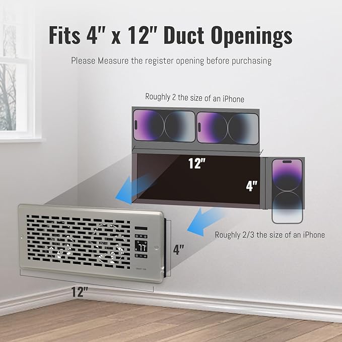 Register Booster Fan for 4" x 12" Register Holes, Quiet Vent Fan Booster with Intelligent Thermostat, Improves Heating Cooling, App Control, 10-Speeds, Manhattan Smart Register Vent, SN