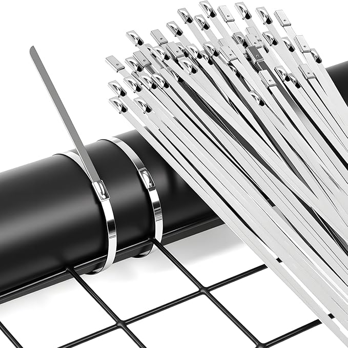 Metal Zip Ties with Stainless Steel Cable Tie Gun, Special Tool For Fastening and Cutting Steel Zip Ties, 100pcs 11.8in Uv Resistant chain link fence Parts For Fence Exhaust Pipe Outdoor