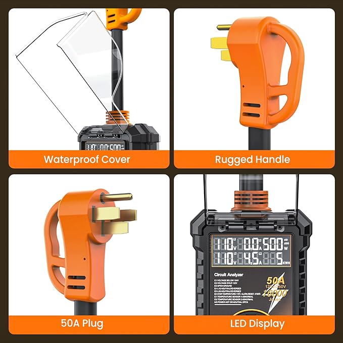 RV Surge Protector 50 Amp, 16000 Joules Surge Guard Protection with Waterproof Cover, Automatic Over/Under Voltage & Temperature Shutoff, 6 in 1 LED Display for Travel Trailers