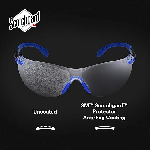 3M Safety Glasses, Solus 1000 Series, ANSI Z87, Scotchgard Anti-Fog, Clear Lens, Low Profile, Blue/Black Frame