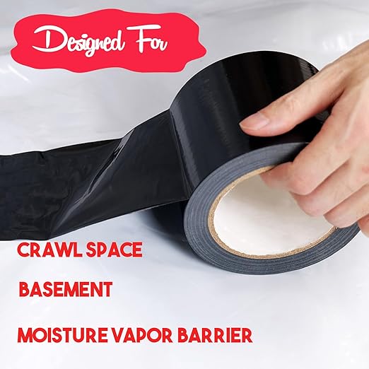 Vapor Barrier Tape, 7 Mil Black Polyethylene Tape Sealing Moisture Barrier Seam, Seal Tape for Crawl Space, Underlayment, Marine Use, White Insulation Tape, Waterproof, 6 Inch, 100 Foot Roll