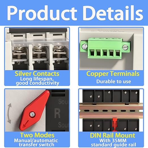Mini ATS Automatic Transfer Switch Dual Power Changeover Switch 100A 110V Generator Electrical Selector Switches DIN Rail Mount 2P/3P Circuit Breaker Toggle Controller