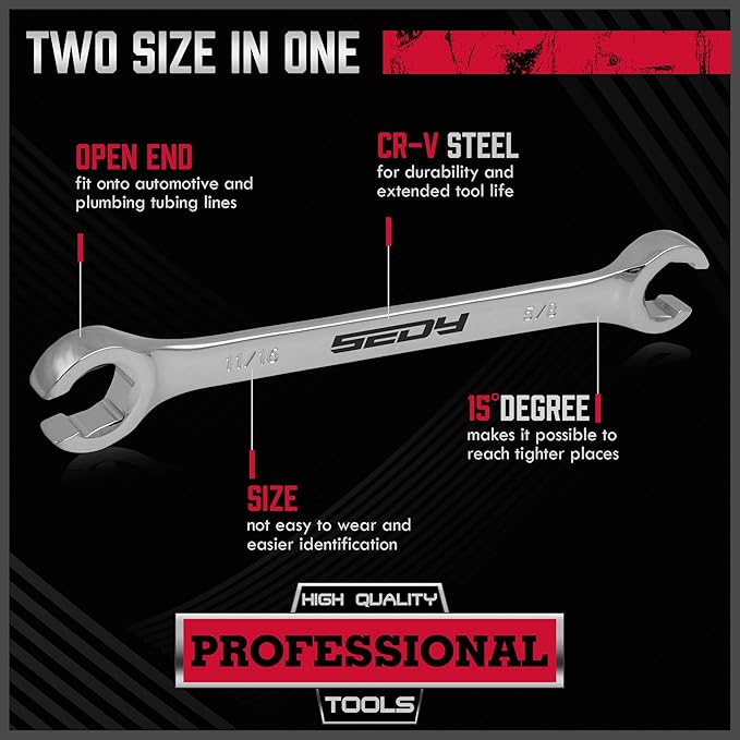 4-Piece Flare Nut Wrench Set - SAE Brake Line Wrench 1/4, 5/16, 3/8, 7/16, 1/2, 9/16, 5/8, 11/16-inch, Professional Offset Heads, Portable Organizer Pouch Included