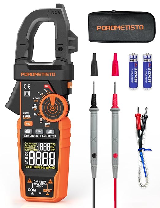 Inrush Clamp Meter with Flashlight,CM06 Clamp Multimeter,T-RMS 6000 Counts 600A Amp Meter with VFD, LOZ,NCV, AC/DC Voltage Current,Continuity Capacitance Frequency Resistance Temperature
