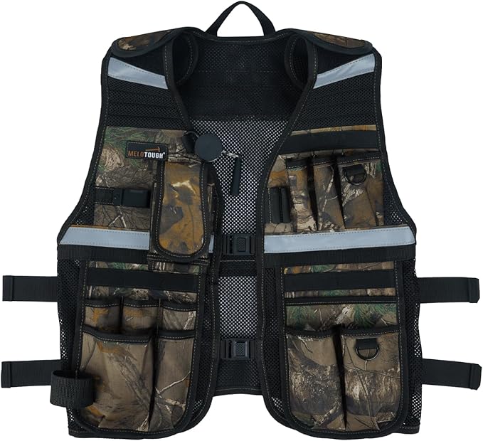 MELOTOUGH Tool Vest for Men Reflective Safety Tool Vest with Adjustable Straps,Removable Phone Holder for Electrical,Carpenters,Construction(Camo)