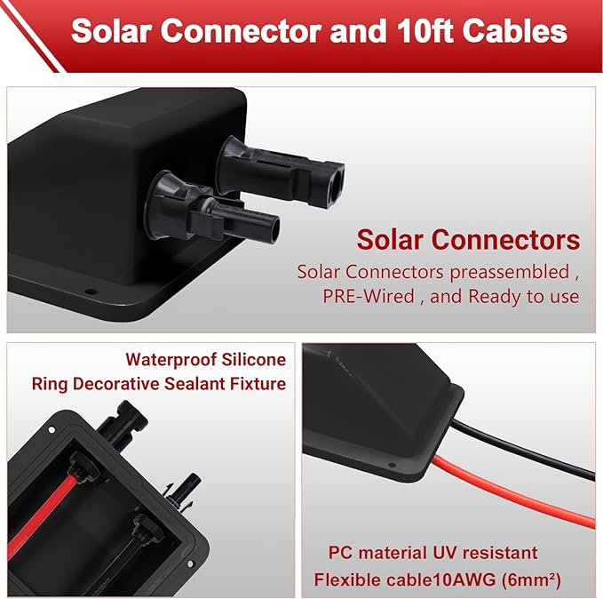 Cable Entry Gland, Waterproof Cable Gland with 10awg 10ft Solar Extension Cable, Uv Resistance Solar Junction Box for Rv, Boat, Campe, Van(Black)
