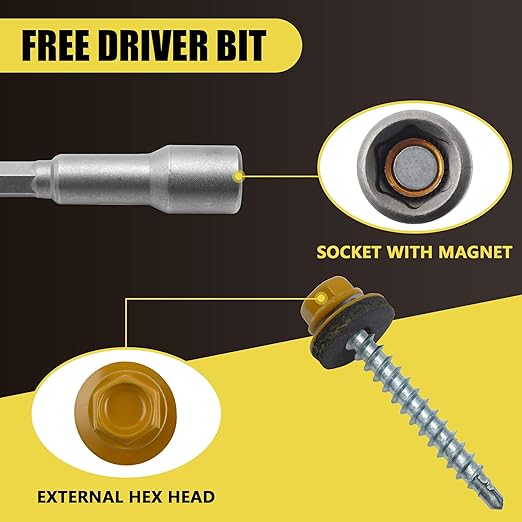 250pcs #10 x 1-1/2" Yellow Hex Head Self-Drilling Metal Roofing Screws, EPDM Washer, Colored Head, Wood Screws, Sheet Metal Roof Screw with Hex Driver Bit (Yellow, 1-1/2 in)