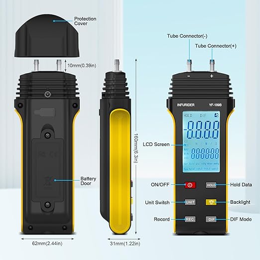 Manometer, HVAC Digital Manometer Gas Pressure Tester, Handheld Air Pressure Meter, 11 Optional Units Differential Pressure Gauge YF-189B with Backlight, Data Hold Function