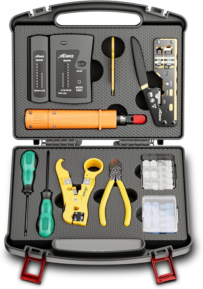 Network Tool Kit, ZOERAX 11 in 1 Professional RJ45 Crimp Tool Kit - Pass Through Crimper, RJ45 Tester, 110/88 Punch Down Tool, Stripper, Cutter, Cat6 Pass Through Connectors and Boots
