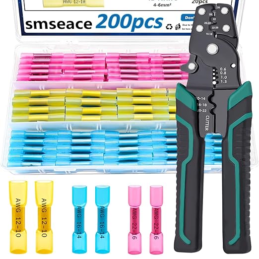 smseace 200PCS Heat Shrink Butt Connector with Crimping Tool 22-10AWG Waterproof Electrical Wire Crimp Connectors for Automotive Boat Stereo Industrial Equipment
