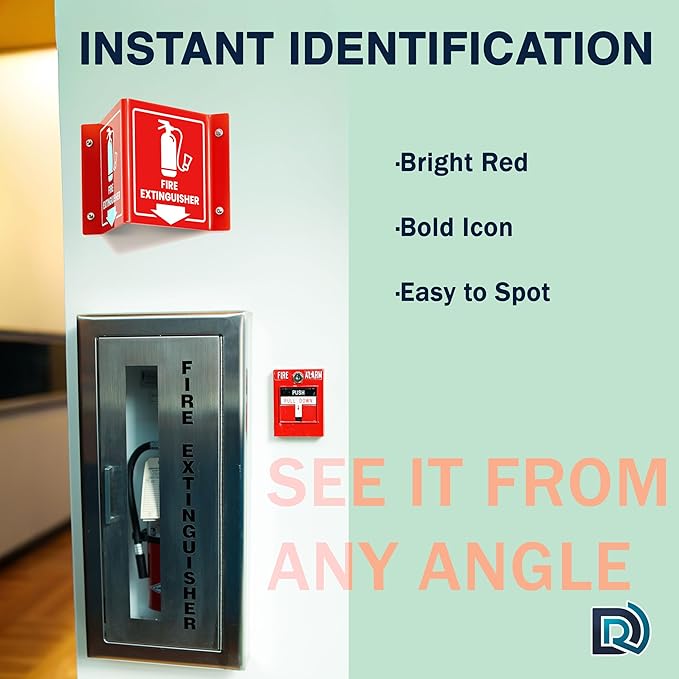 Fire Extinguisher Sign, 6 Inch Fire Extinguisher Two-Sided Acrylic Projecting V-Sign with Down Arrow, Including Screws