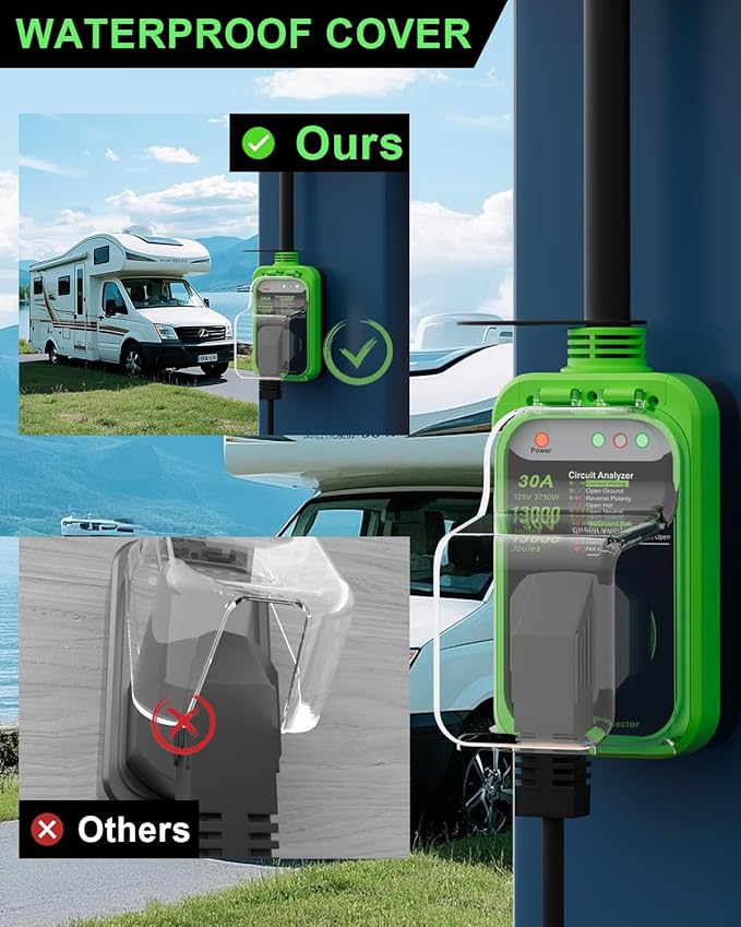 RV Surge Protector 30 Amp, 13000 Joules RV Circuit Analyzer with Waterproof Cover,RV Adapter Plug for Camper Travel Trailerss (30AMP-Green)