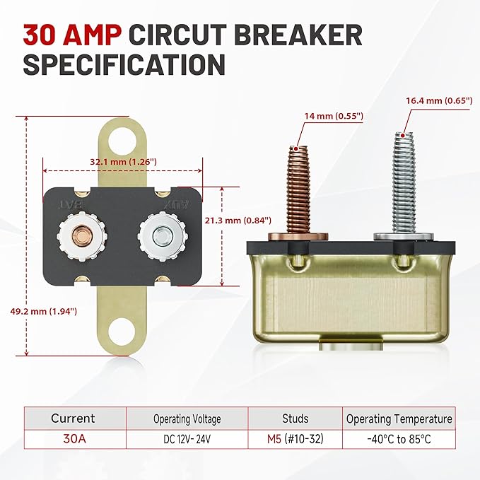 RED WOLF (30A 4PCS) DC 6V-50V Automatic Reset Circuit Breaker #10-32 Studs with Metal Fuse Housing Pre-Trimmed Cover Reusable for Trolling Motor Marine ATV Boat RV Automotive Battery Solar System