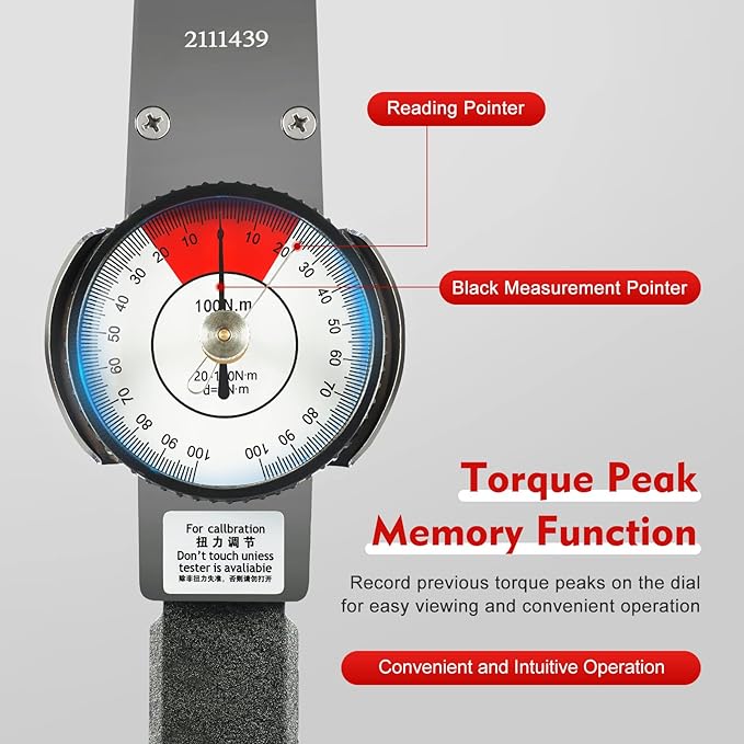 Dial Indicator Torque Wrench Indicating Torquemeter 1/2" Drive 0-100 Nm High Precision Torque Meter Professional Measure Tool, ± 3% Accuracy