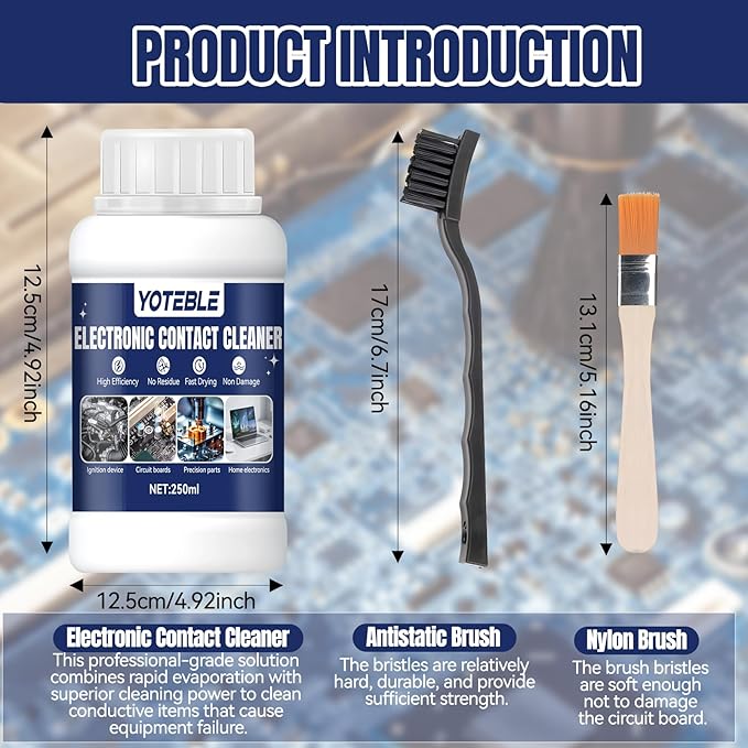 250 ML Electronic Contact Cleaner, Electrical Cleaner with 2 Cleaning Brushs, No Damaging, Suitable for Cleaning Circuit Boards Appliance Control Boards Switches & Connectors, Clear