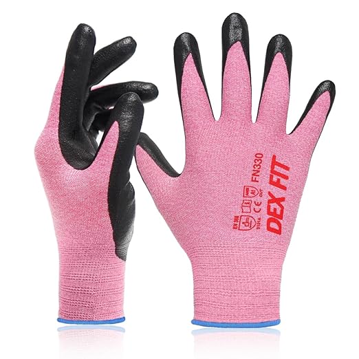 DEX FIT Nitrile Work Gloves FN330, 3 Pairs, 3D-Comfort Stretchy Fit, Firm Grip, Thin & Lightweight, Touch-Screen Compatible, Durable, Breathable & Cool, Machine Washable; Pink L (9)