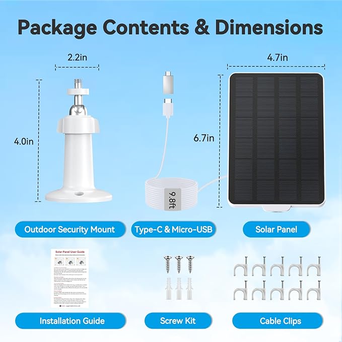 3W Solar Panel for Battery-Powered Security Cameras,USB-C & Micro USB Solar Charger for Wireless Outdoor Cameras,IP65 Waterproof, 9.8ft Cable, 360° Adjustable Mount (White, 1 Pack)