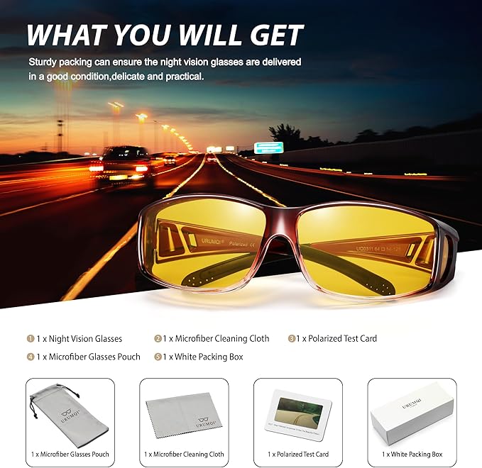 URUMQI Night Vision Driving Glasses Fit Over Eyeglasses for Men Women, Anti Glare Polarized Nighttime Glasses Yellow Lens