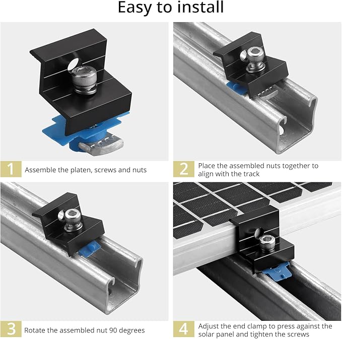 Anbte 4pcs Solar Panel End Clamp for Standard Unistrut, Aluminum 30mm/35mm Solar Panel Brackets with Nuts Bolts, Solar Panel Mounting Kit for Metal Roof, Tin Roof, Flat Roof, Sheet Roof, Black