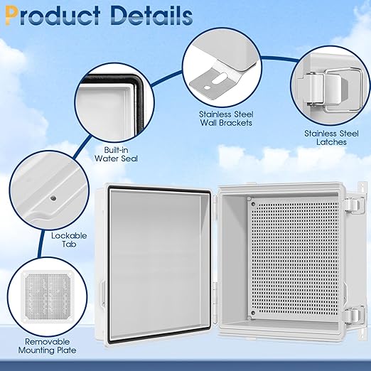 Waterproof Outdoor Project ABS Plastic Junction Box IP67 Weatherproof Dustproof Enclosure with Hinged Cover, Mounting Plate,Wall Brackets for Power Project (11.8"x11.8"x7.1")