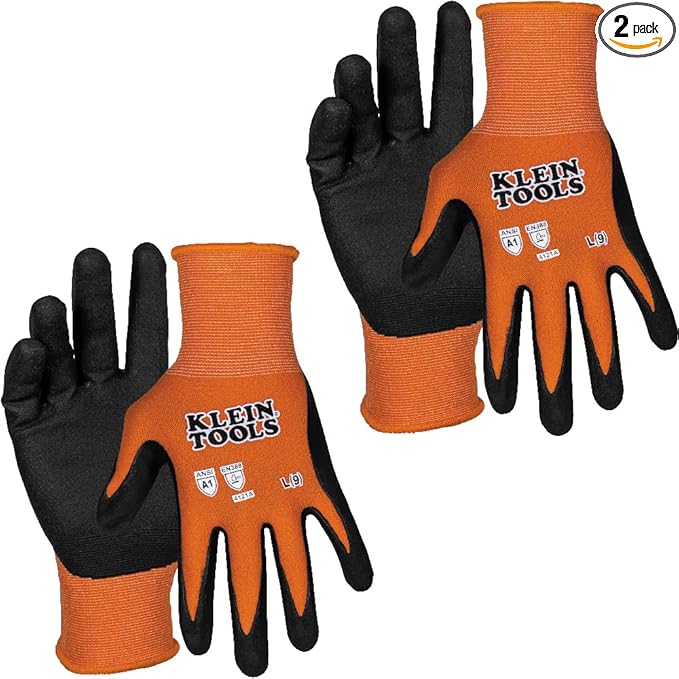 Klein Tools 60581 Work Gloves, Knit Dipped Cut Resistant ANSI A1 Nitrile Coated Gloves, Nylon-Spandex, Touchscreen Capable, Large, 2-Pair