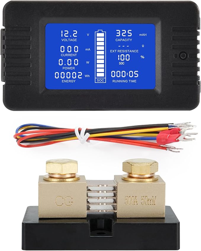 DC Multifunction Battery Monitor Meter with Shunt,0-200V,0-500A, LCD Display Digital Current Multimeter Voltmeter Ammeter for Cars RV Solar,Widely Applied to 12V/24V/48V RV/Car Battery…