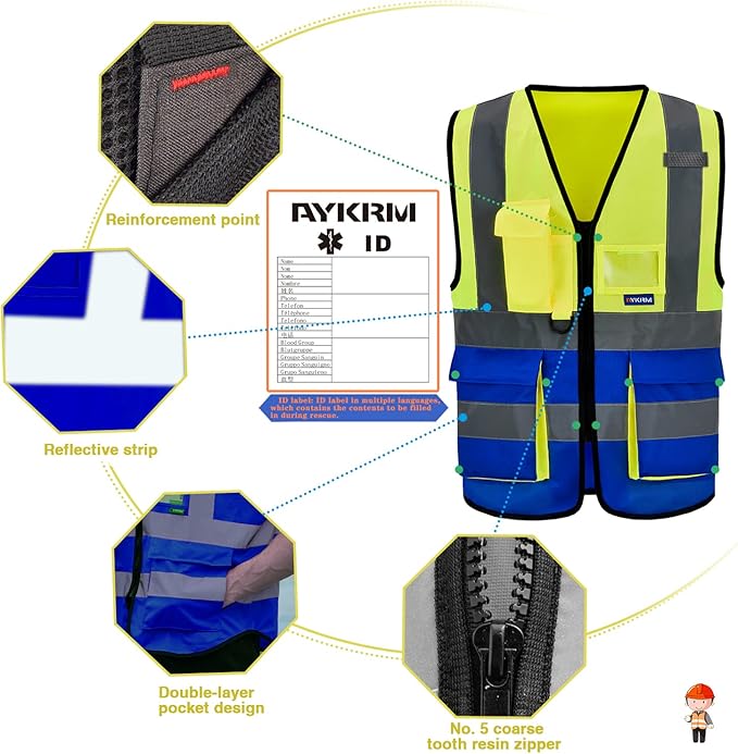 SMALL High Visibility REFLECTIVE Safety Vest Yellow Blue with 4 Reflective Strips 7 Pockets