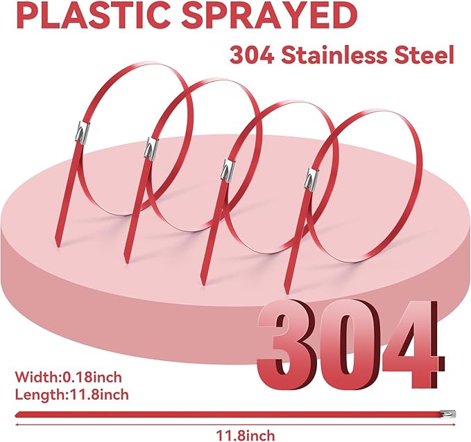 Red Metal Zip Ties Heavy Duty 11.8 inch for Outdoor Use, Stainless Steel Epoxy Coated Cable Chain Link Fence Zip Ties, Durable Metal Wire Ties Strap UV Resistant