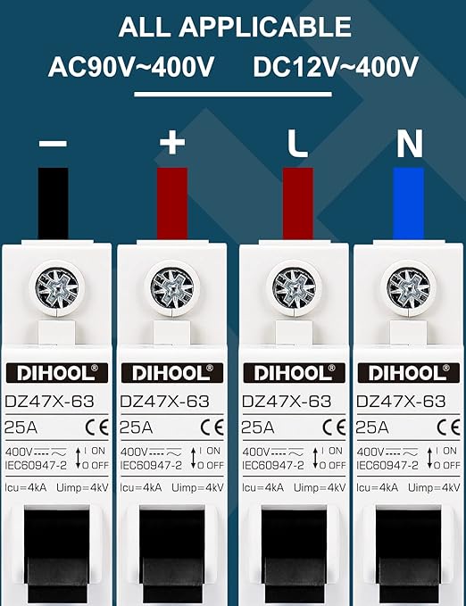 DIHOOL AC/DC Miniature Circuit Breakers, 2 Pack, Single Pole 25 Amp, 12V 24V 48V 400V, Non Polarized, Solar Disconnect Switch, DIN Rail Mount, RV Battery Isolator, PV Array MCB, Thermal Magnetic Trip