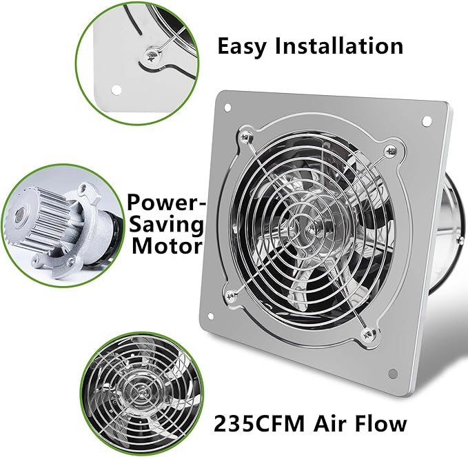 6 Inch Exhaust Fan with Speed Controller,235CFM Kitchen Exhaust Fan with Damper, 110V 40W Wall Ventilation Fan, Stainless Steel Extractor Fan for Window, Basement, Bathroom(6-inch Silver)