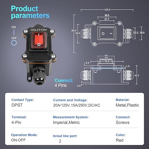Waterproof On Off Toggle Switch Double Outlet with Red Light Rocker Button Inline Cord Switch DPST AC/DC 20A-125V,16A-250V,30A-24V,35A-12V, IP66