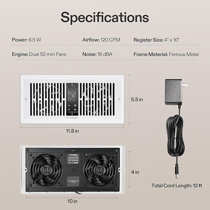 VIVOSUN Quiet Register Booster Fan for 𝟒" 𝐱 𝟏𝟎" Holes, Cooling Heating Vent Fan with 10-Speeds App Control &Adjustable Wind Direction, Thermostat Control for Bedroom, Bathroom &Attic, White