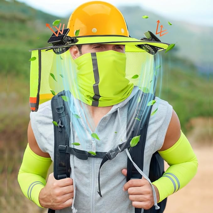 1 Set Sun Hard Hat Shade Full Brim Hard Hat Sun Visor with Solar Fans and Neck Sunshade Cover UV Reflective Strap Arm Sleeves Summer Protection Accessories