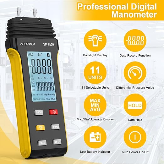 Manometer, HVAC Digital Manometer Gas Pressure Tester, Handheld Air Pressure Meter, 11 Optional Units Differential Pressure Gauge YF-189B with Backlight, Data Hold Function