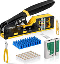 Ethernet Crimping Tool Kit RJ45 Crimp Tools,CAT5 Cat5e Cat6 RJ45 Crimping Tool Kit With Cable Tester, Mini Stripper, Blades,50Pcs Cat 6 Pass Through Connectors and Strain Relief Boots