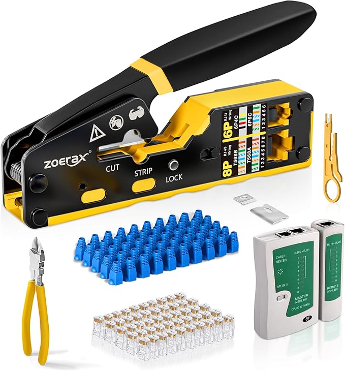 Ethernet Crimping Tool Kit RJ45 Crimp Tools,CAT5 Cat5e Cat6 RJ45 Crimping Tool Kit With Cable Tester, Mini Stripper, Blades,50Pcs Cat 6 Pass Through Connectors and Strain Relief Boots