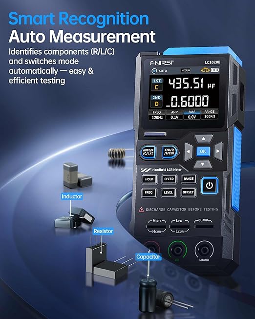 FNIRSI LC1020E 100kHz LCR Meter, 19,999 Counts Resistor Inductor Capacitor Tester, Auto Component Detect, Measures ESR/Q/D/θ/X, 2.8” Color TFT, Dual Parameter Display, Sorting & Open/Short Calibration