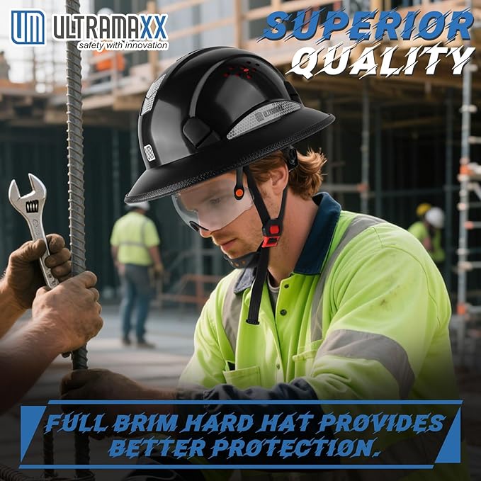 Full Brim Hard Hat with Built-in Visor, ANSI Z89.1 OSHA Approved Construction Safety Helmet with Chin Strap for Men Women
