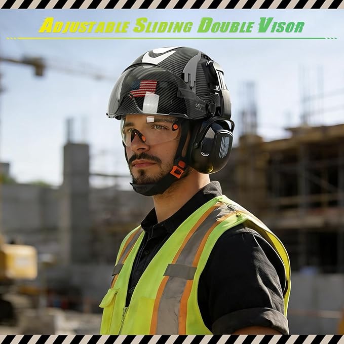 Hard Hat with Dual Visor and Hearing Protection-OSHA Approved Construction Hard Hats with Visor Sunglasses Earmuffs for Men,Vented Forestry Chainsaw Arborist Helmet with Chin Straps