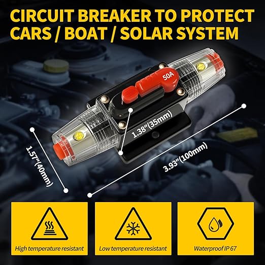 50 Amp Manual Reset Circuit Breaker DC 12-48V Waterproof Inline Fuse Holder, 3-15 AWG Overload Protection for Car Audio Sound Amplifier System RV Marine Boat Truck Solar (Pack of 2)