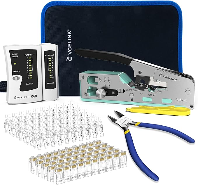 VCELINK RJ45 Crimp Tool Kit for CAT7/6A/6/5E/5, Upgraded Network Tool Set with an Ethernet Crimper, 50 RJ45 Connectors & Boots, Cable Tester, Wire Stripper and Cutter in a Cloth Bag (Kit-Green)