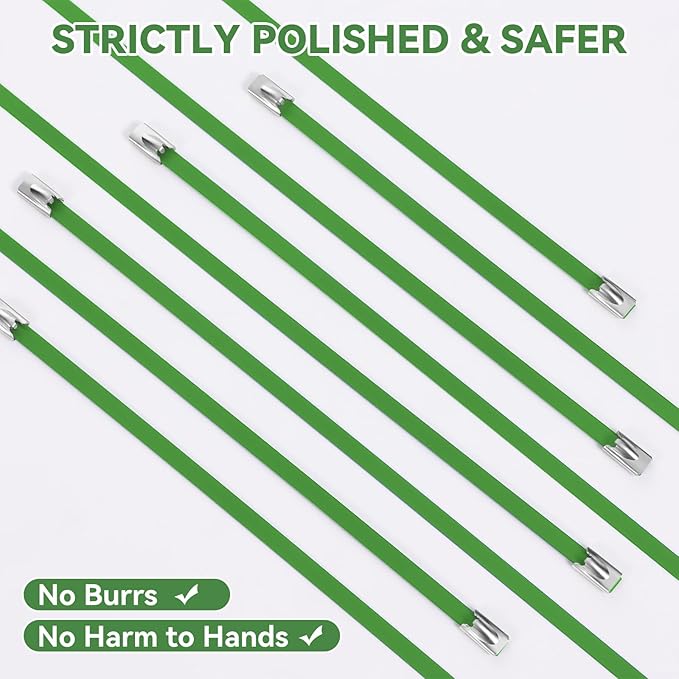 Green Metal Zip Ties Heavy Duty 11.8 inch for Outdoor Use, Stainless Steel Epoxy Coated Cable Chain Link Fence Zip Ties, Durable Metal Wire Ties Strap UV Resistant
