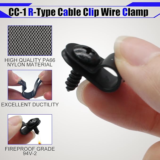 60 Pcs R-Type Cable Clip Wire Clamp, 1/4 Inch Nylon Cable Clamp Rope Light Mounting Clips Wire Fasten with 60 Screws for Wire Management and Cable Management