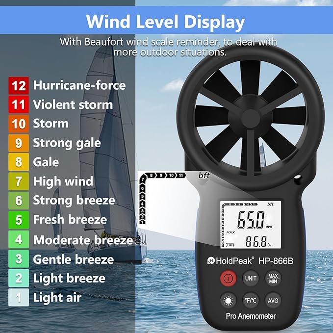 HoldPeak 866B Digital Anemometer Handheld Wind Speed Meter for Measuring Wind Speed, Temperature and Wind Chill with Backlight and Max/Min
